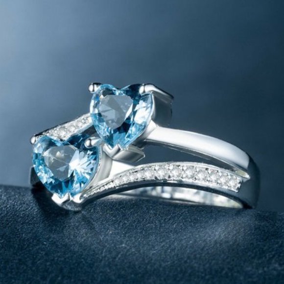 New 925 Sterling Silver Hearts Aquamarine Ring - Picture 2 of 3